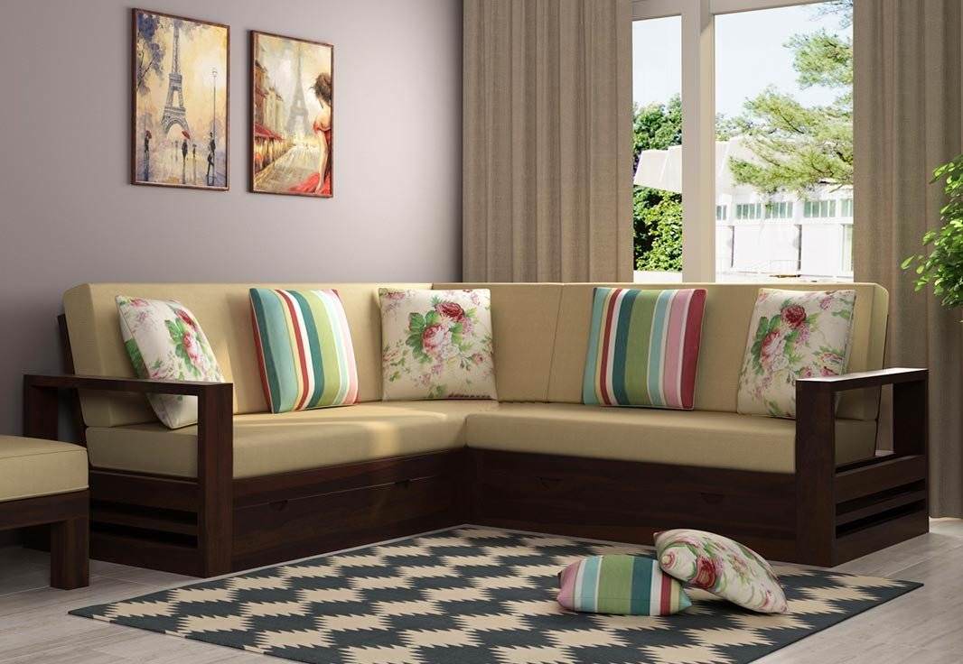 Sofa gỗ sồi chữ L ôm trọn góc chết trong không gian phòng khách giúp tiết kiệm diện tích hiệu quả