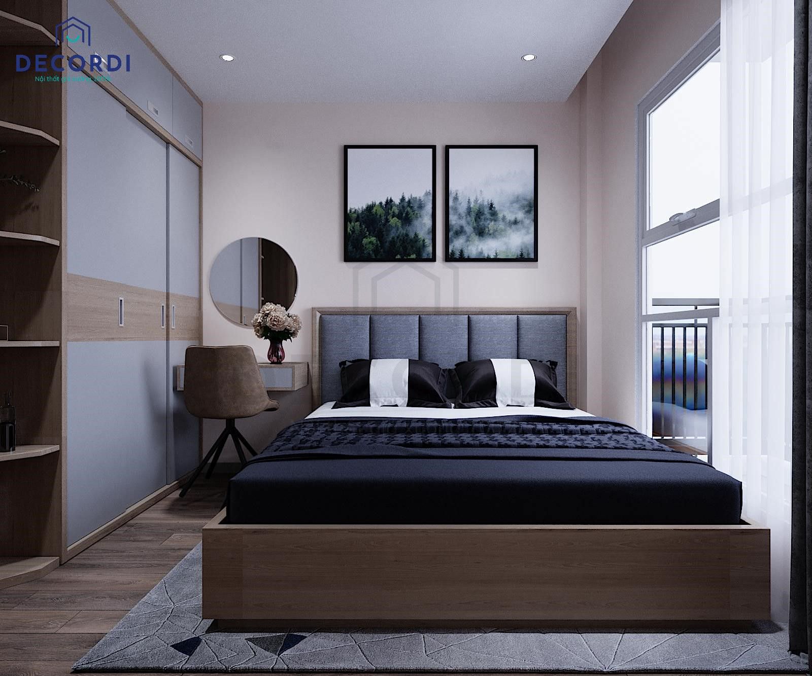 Decor hòng ngủ master ấn tượng với bộ khung ảnh đen hình rừng thông huyền bí