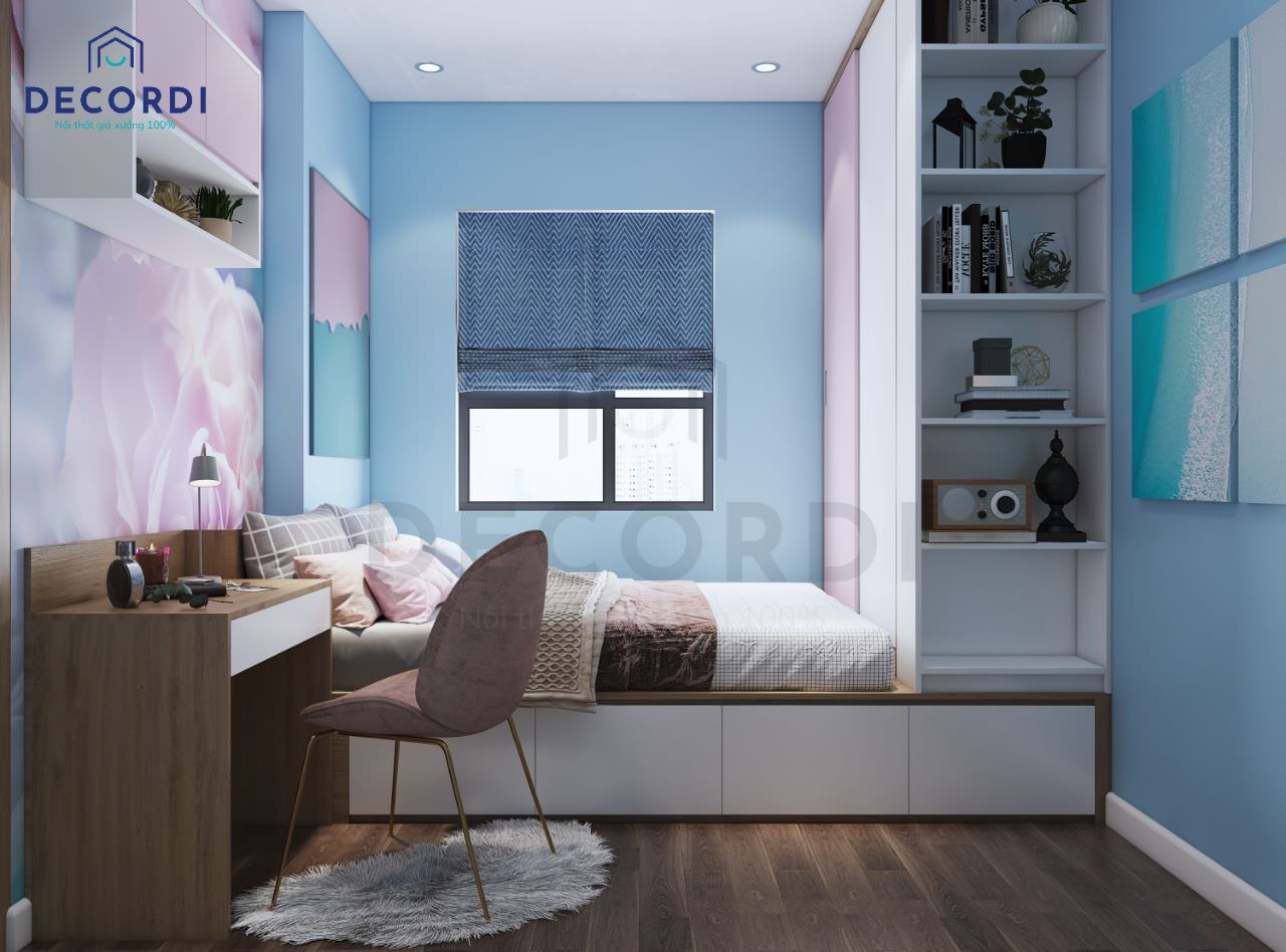 Giường ngủ gỗ MDF dạng bục kết hợp tủ quần áo tiện nghi