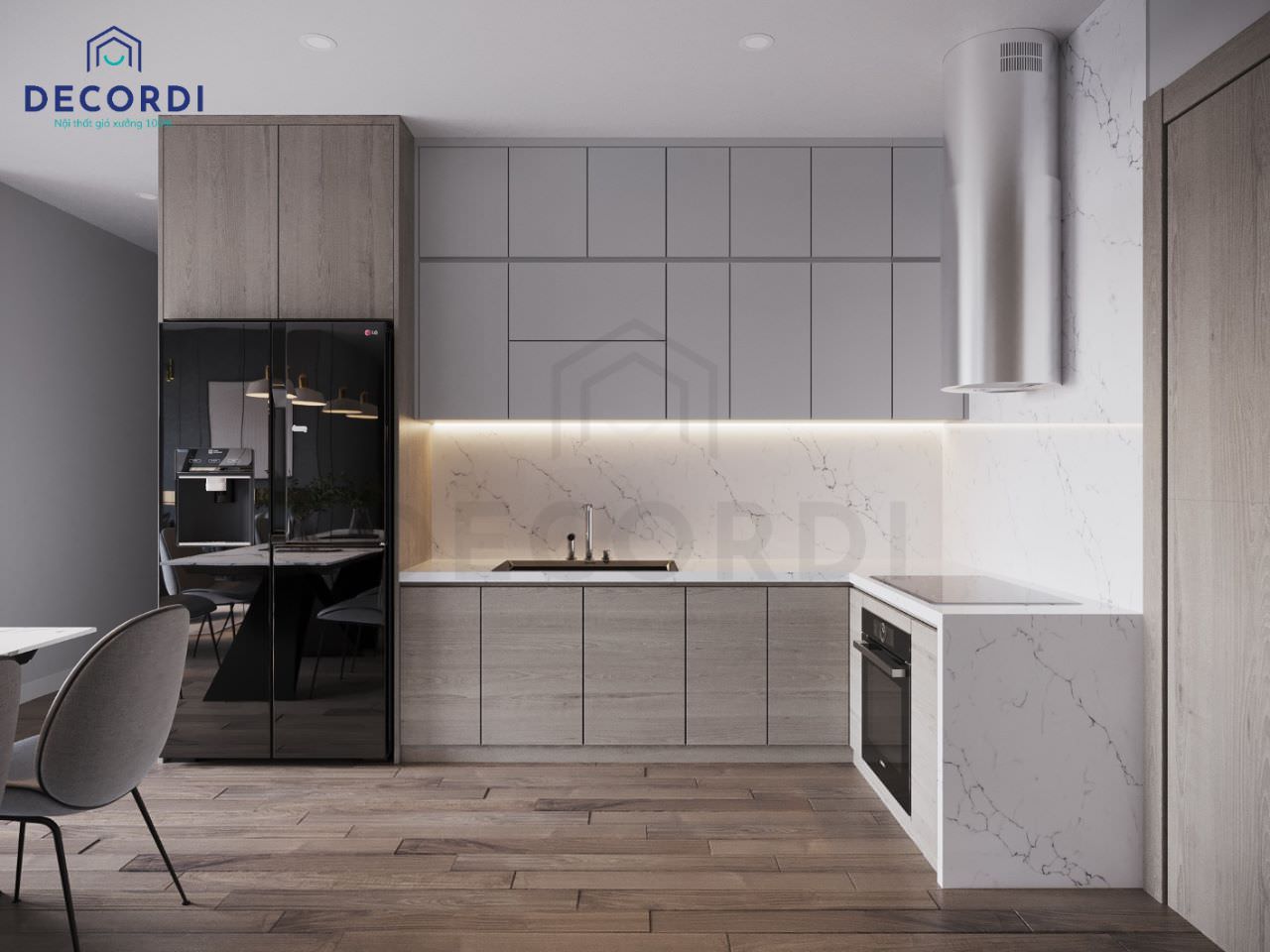 Tủ bếp gỗ công nghiệp Laminate ốp đá marble vân mây đẹp