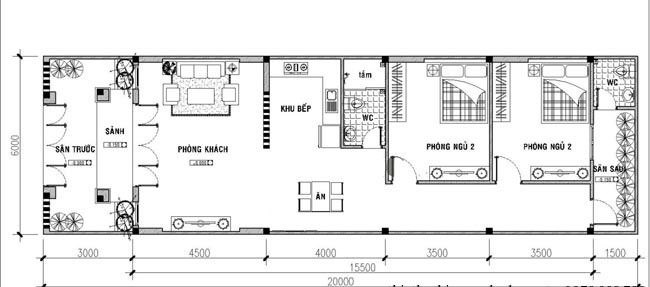 Mẫu nhà cấp 4 có 2 phòng ngủ lớn, phòng khách lớn và bếp nhỏ cùng phòng ăn nhỏ cho vợ chồng trẻ tạo không gian ấm cúng.