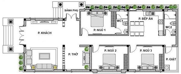 Mặt bằng bố trí nội thất nhà cấp cấp 4 hình hình chữ L