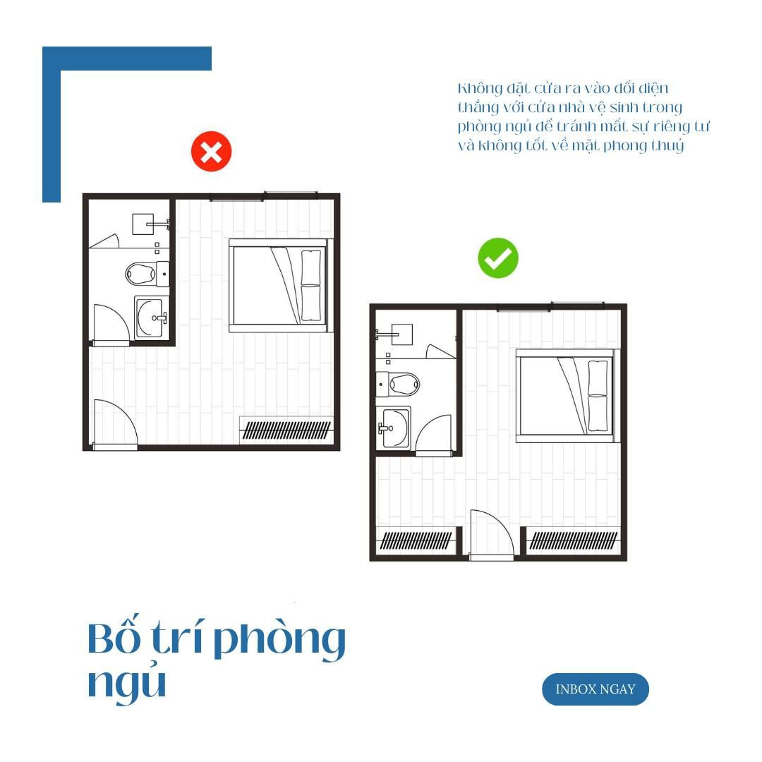 Bố trí nội thất phòng ngủ không đặt giường ngủ đổi diện cửa nhà vệ sinh