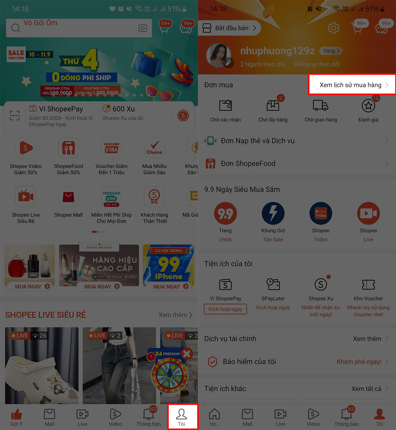 Cách xem lịch sử mua hàng trên Shopee