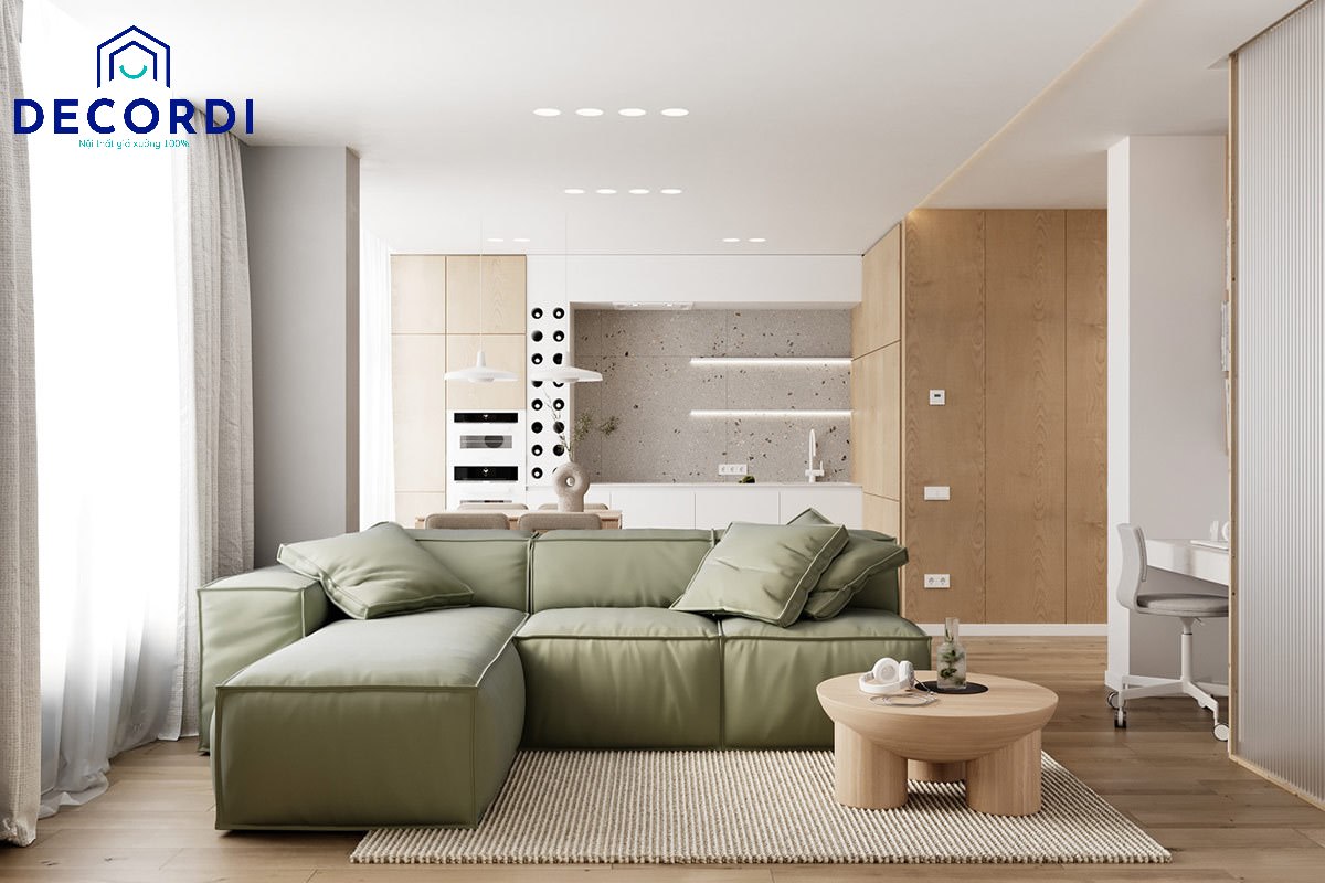 Bộ ghế sofa màu xanh lá làm điểm nhấn cho không gian phòng khách