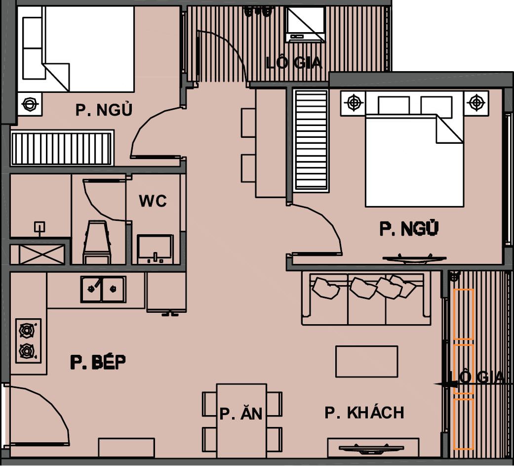 Mặt bằng bố trí căn hộ 90m2 2 phòng ngủ