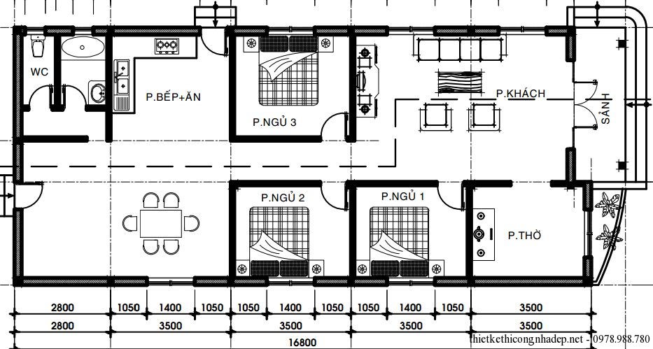 Mặt bằng nhà ống mái bằng có 3 phòng ngủ