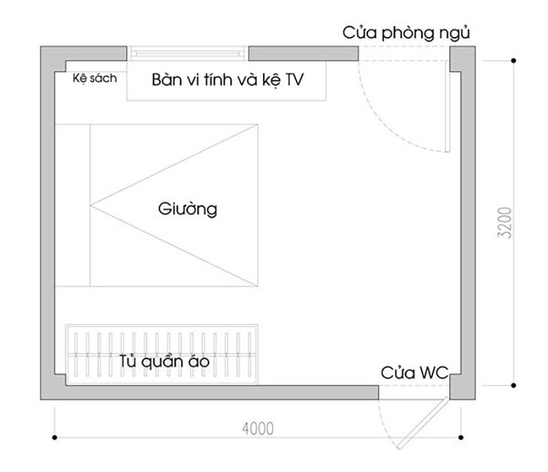 Bố trí phòng ngủ đơn giản, cửa phòng ngủ thiết kế thông đối diện với cửa nhà vệ sinh