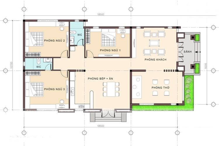 Mặt bằng bố trí nội thất nhà nhà 4 100m2 3 phòng ngủ 1 phòng thờ