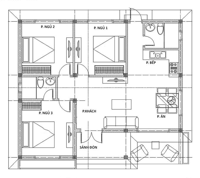 Mặt bằng bố trí nội thất nhà cấp 4 giả biệt thự 3 phòng ngủ