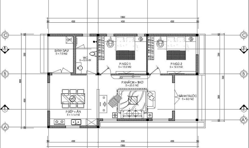 Bản vẽ bố trí mặt bằng nhà cấp 4 2 phòng ngủ