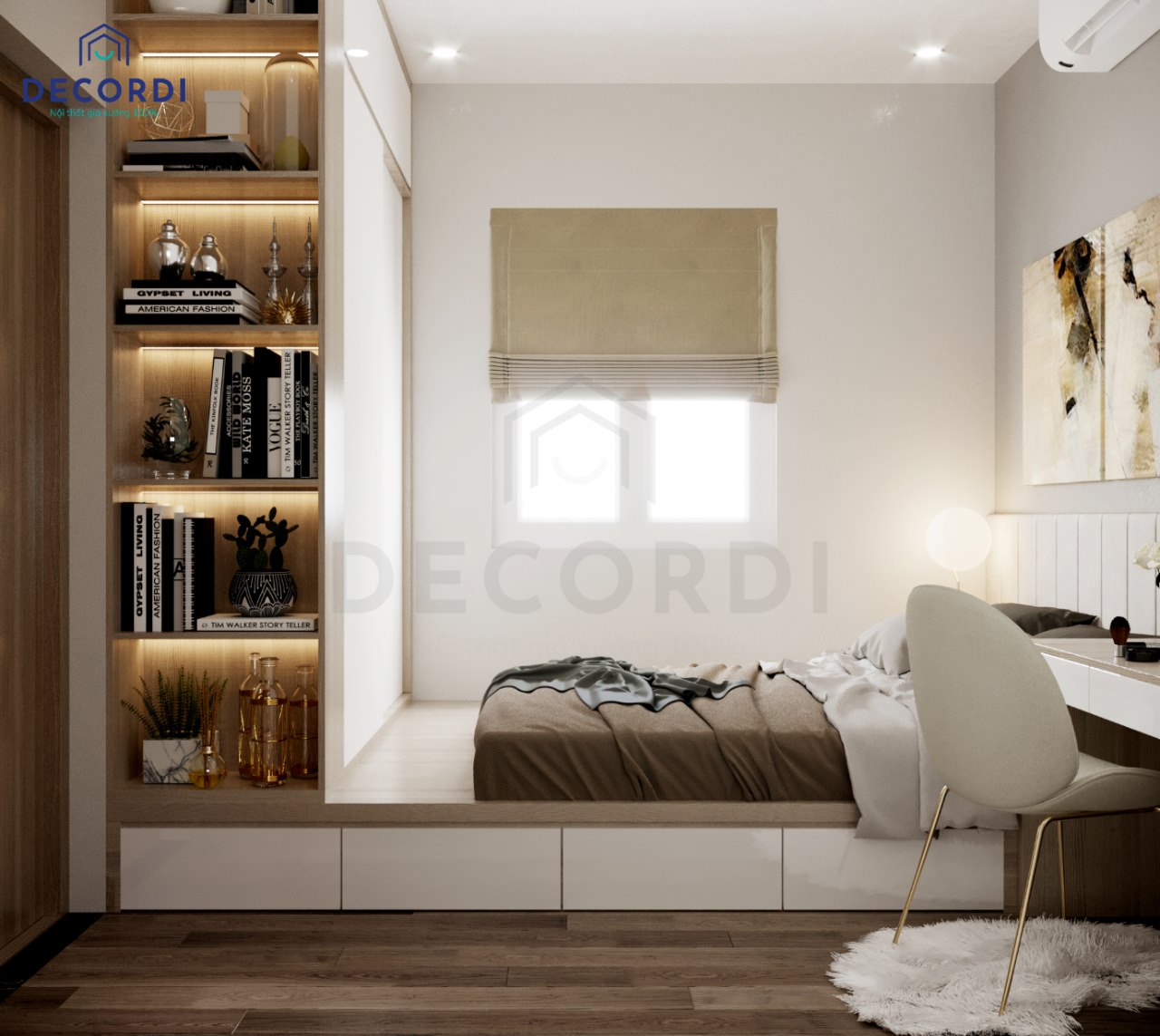 Giường gỗ MDF bền đẹp thiết kế dạng bục nối liền tủ quần áo tiện nghi