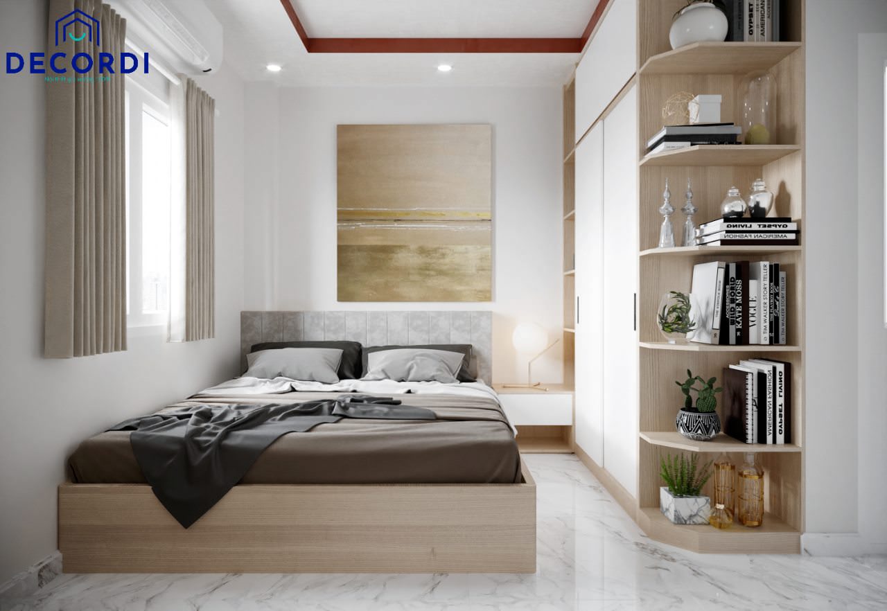 Phòng ngủ 10m2 hiện đại với tủ quần áo kiêm kệ trang trí lớn được bố trí sát tường, giường ngủ liền tab đầu giường và tủ quần áo tận dụng không gian cho phòng ngủ nhỏ