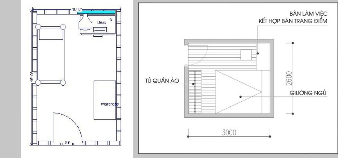 Hai mẫu bố trí mặt bằng phòng ngủ 3x3