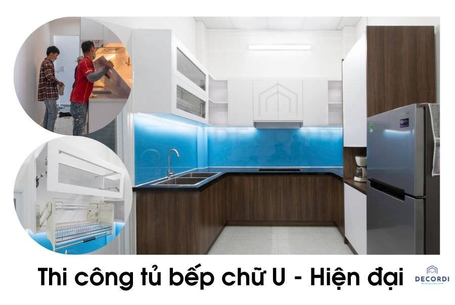 Thực tế hoàn thiện thi công tủ bếp bằng gỗ MDF Melamine hiện đại