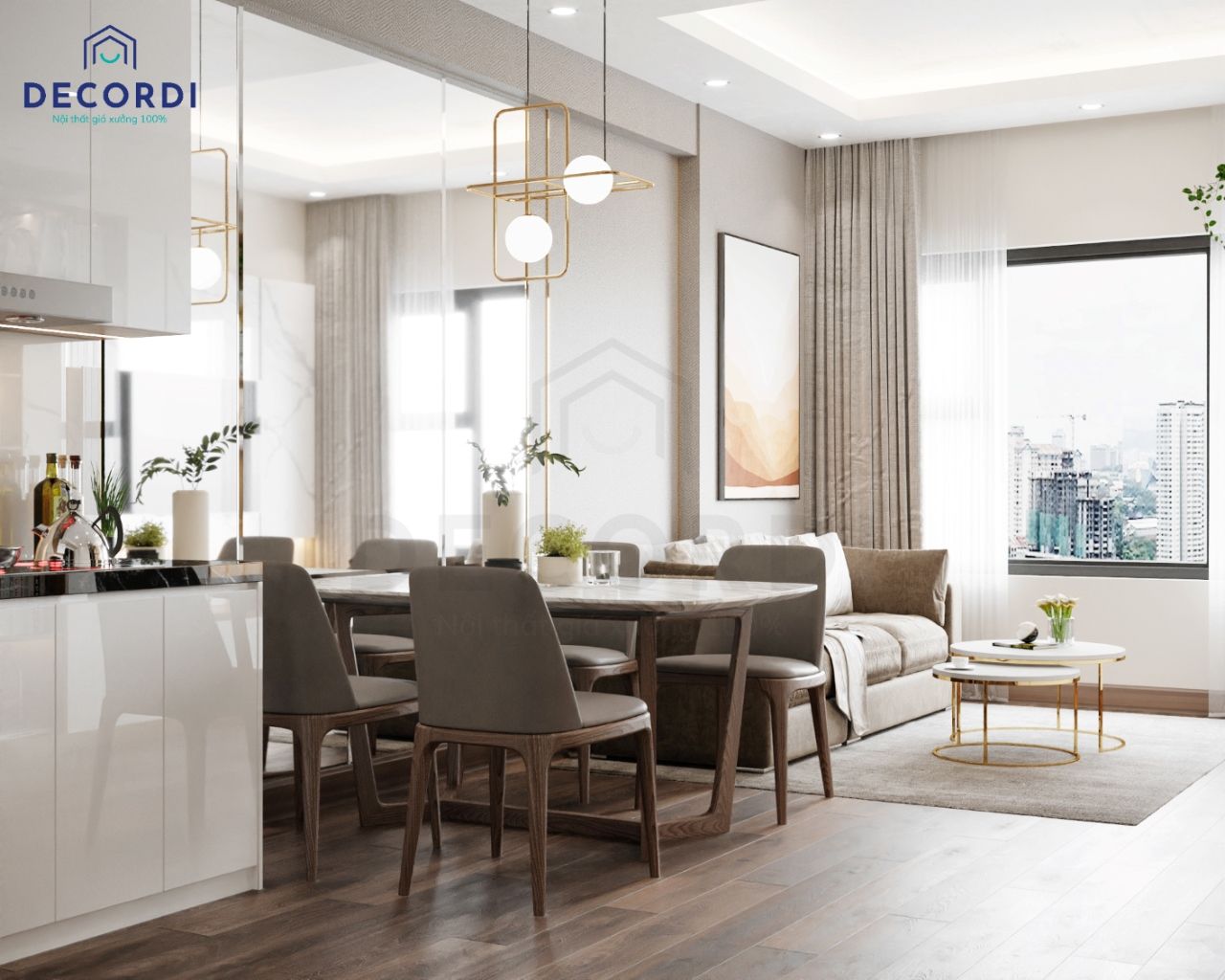 Sử dụng đồ decor hay gương ốp tường tạo điểm nhấn độc đáo cho không gian , bàn ăn 4 ghếm và trà tròn đôi