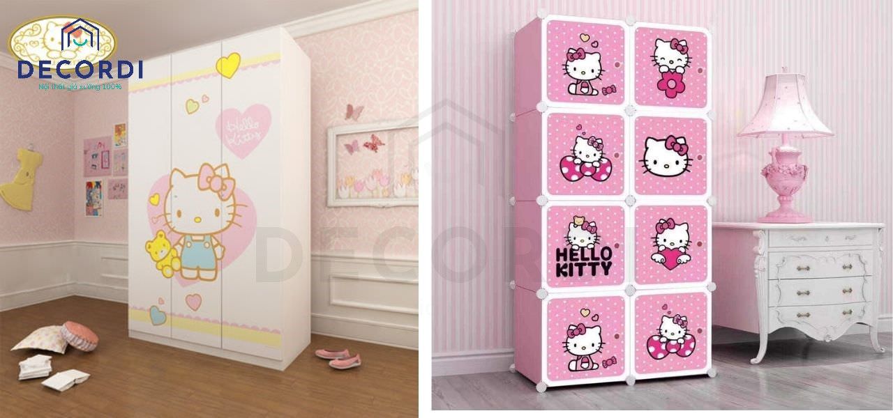 Tủ áo quần có dán hình hello kitty cực xinh cho bé