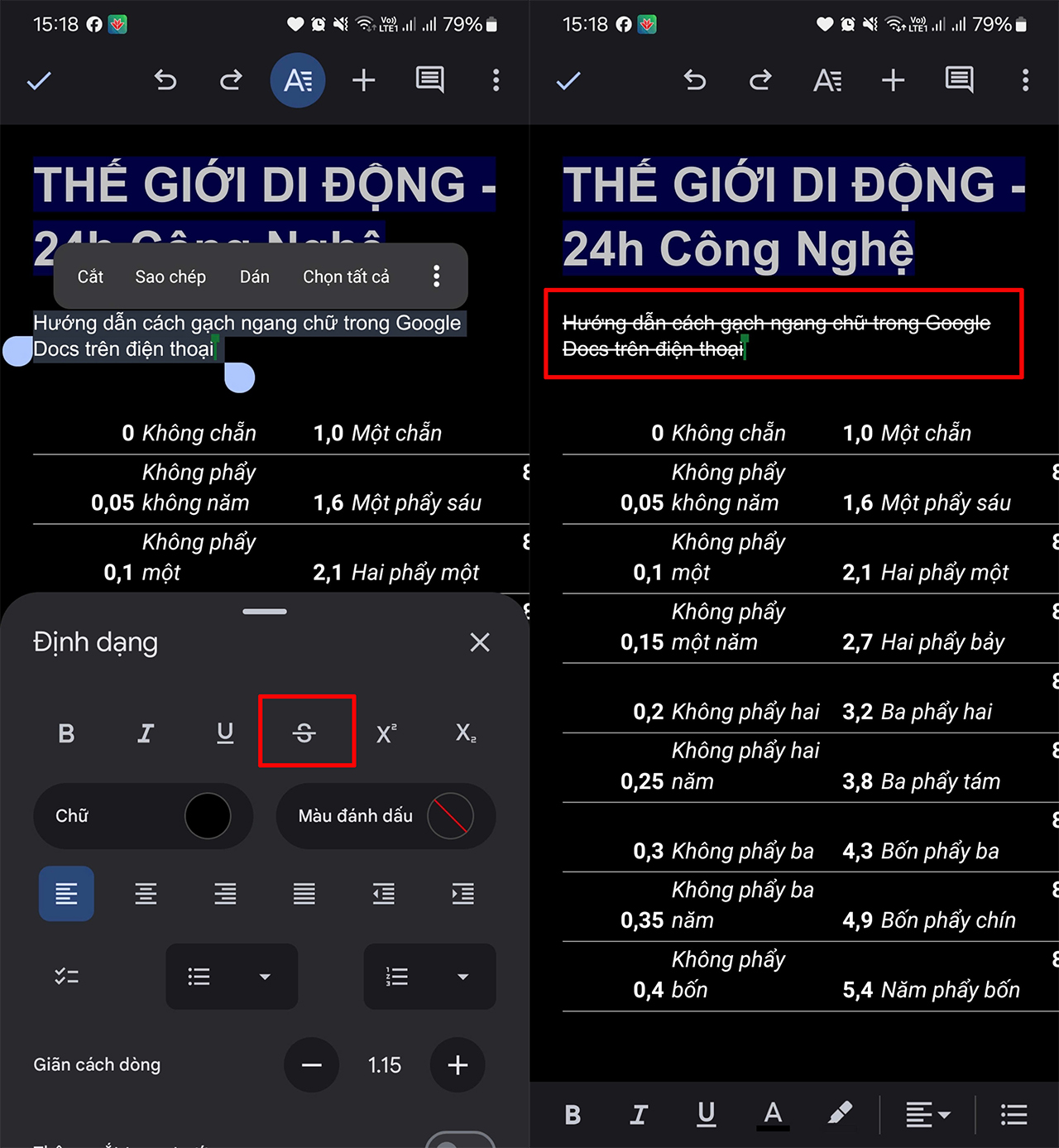 Cách gạch ngang chữ trong Google Docs