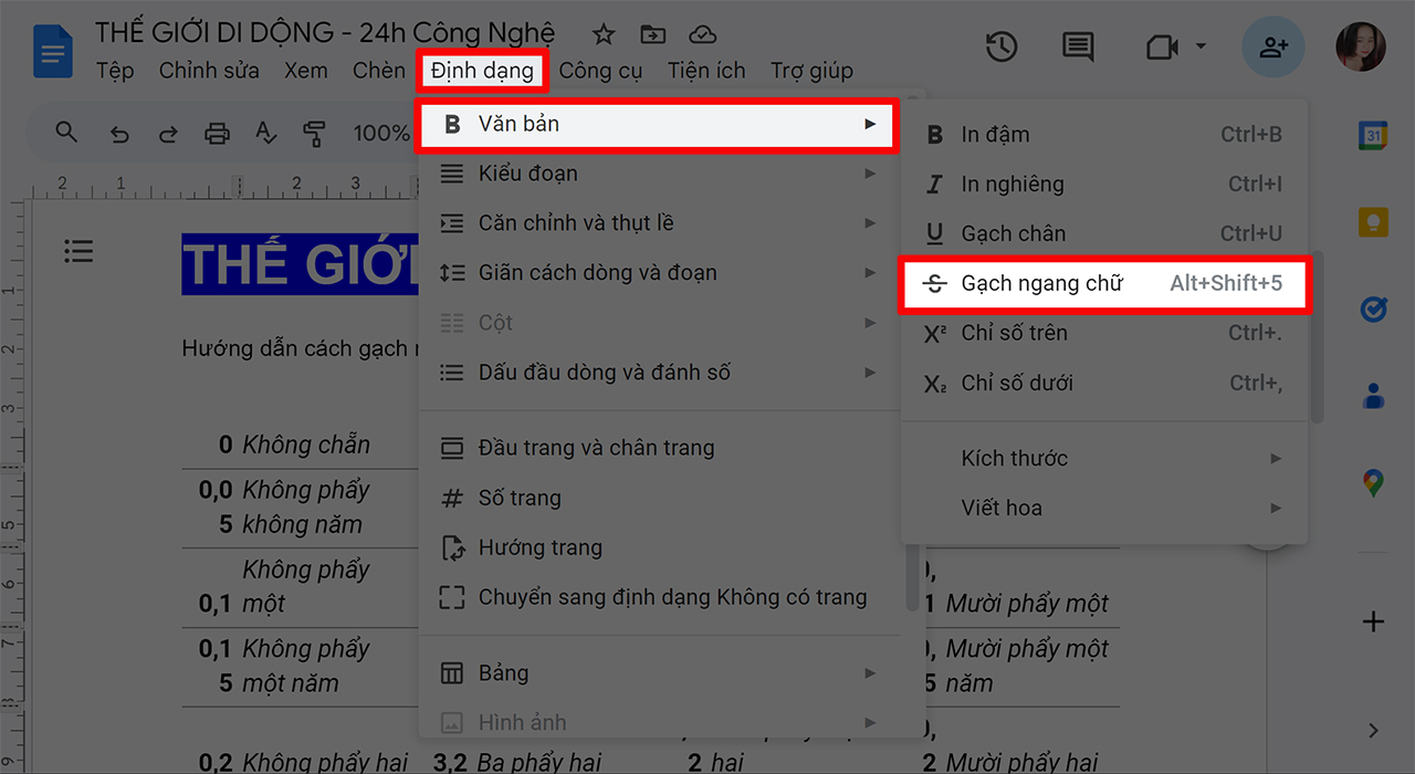 Cách gạch ngang chữ trong Google Docs