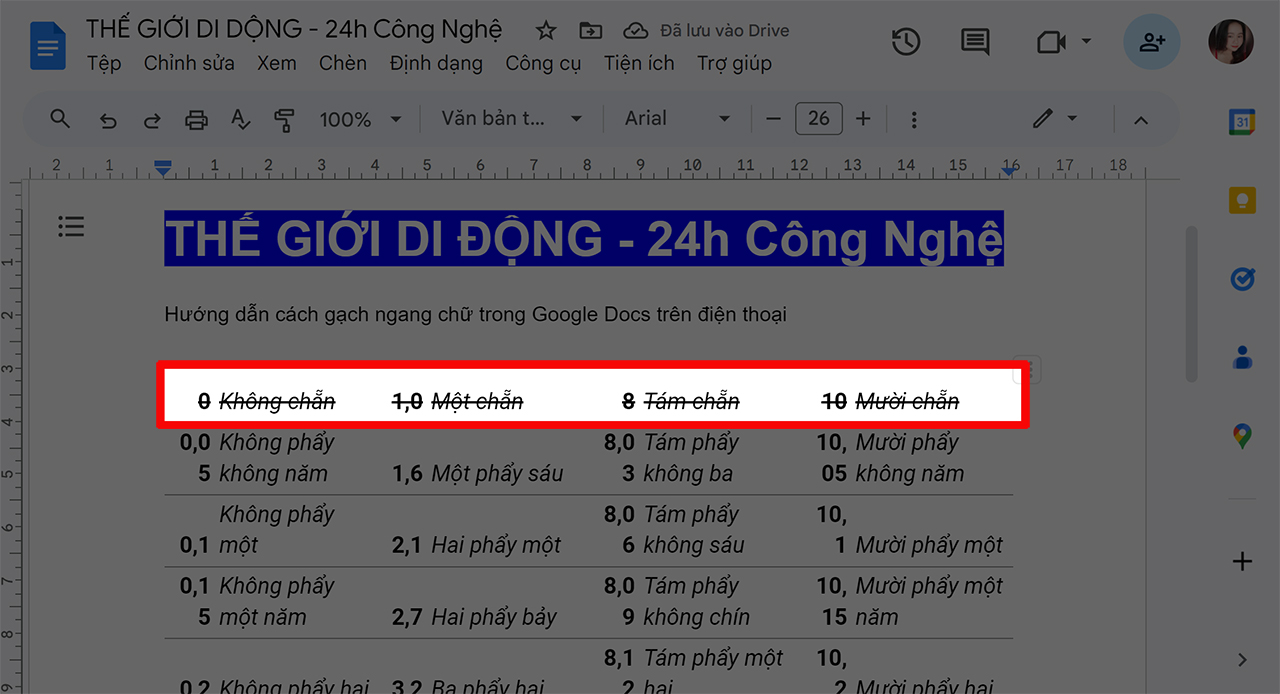 Cách gạch ngang chữ trong Google Docs