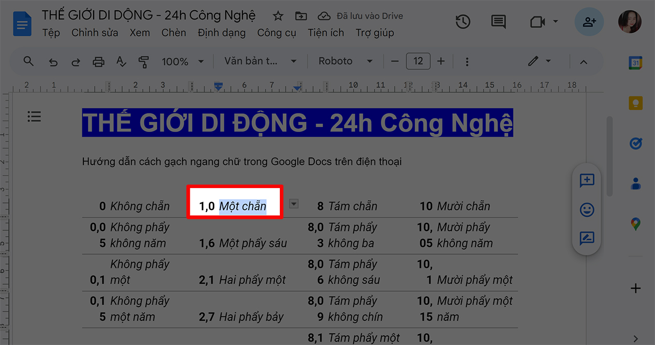 Cách gạch ngang chữ trong Google Docs