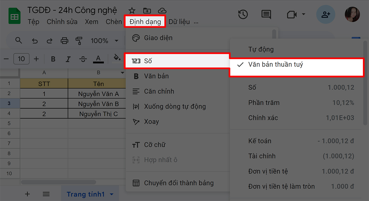 Cách thêm số 0 ở đầu trong Google Sheets