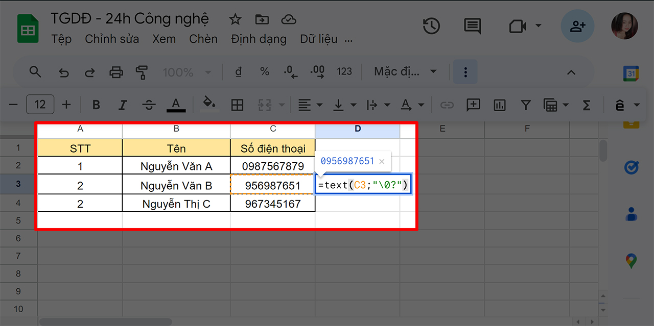 Cách thêm số 0 ở đầu trong Google Sheets