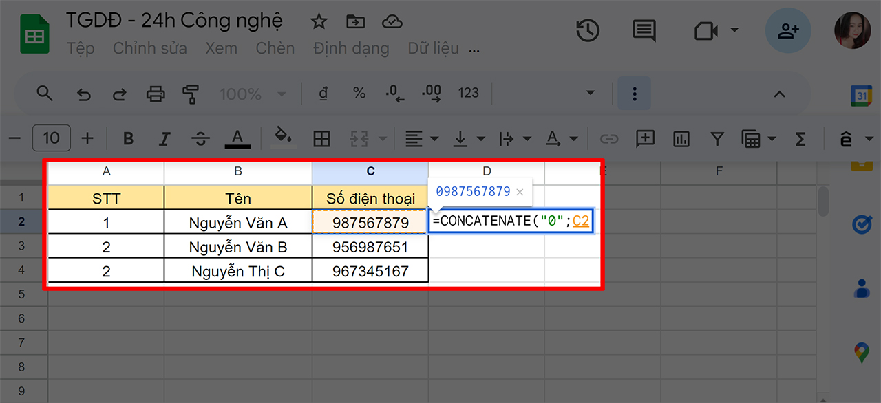 Cách thêm số 0 ở đầu trong Google Sheets