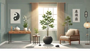 dallc2b7e 2024 11 07 13 04 21 a digital illustration of a feng shui setting featuring a cinnamon plant cay que thom in a stylish indoor space the scene should highlight the plan