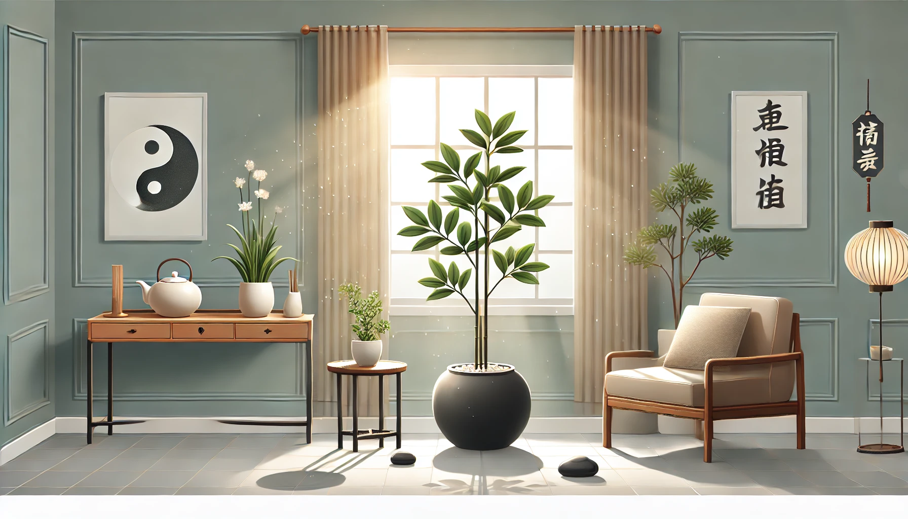 dallc2b7e 2024 11 07 13 04 21 a digital illustration of a feng shui setting featuring a cinnamon plant cay que thom in a stylish indoor space the scene should highlight the plan