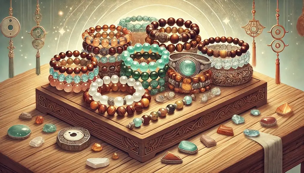 dallc2b7e 2024 11 07 13 15 07 a detailed digital illustration showing a collection of different feng shui bracelets made from gemstones like quartz jade and tigers eye the scen min