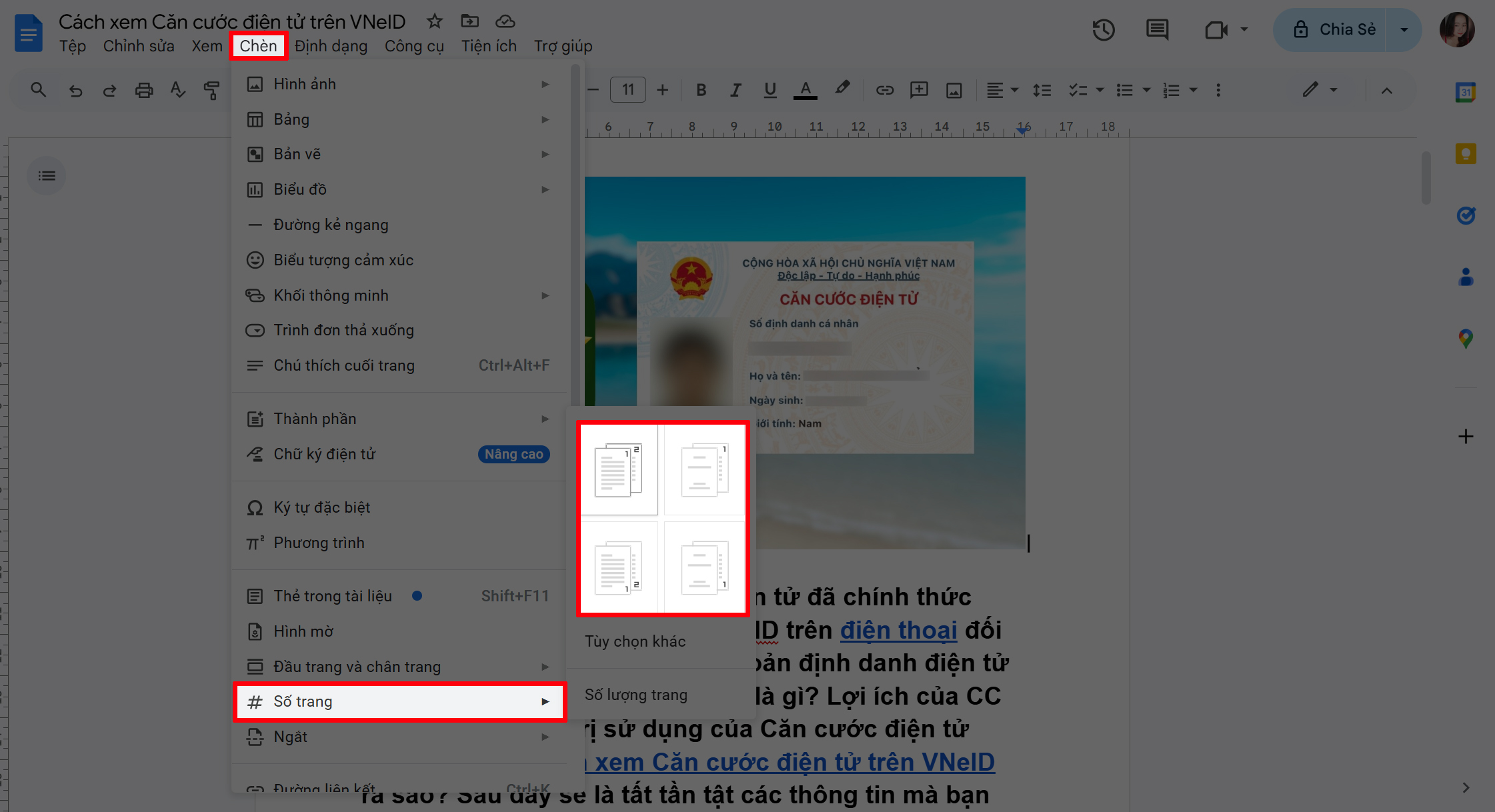 Cách đánh số trang trong Google Docs