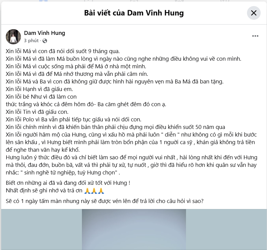 Vừa tuyên bố rút đơn kiện, Đàm Vĩnh Hưng: “Xin lỗi má vì con đã nói dối suốt 9 tháng qua” - Ảnh 1.