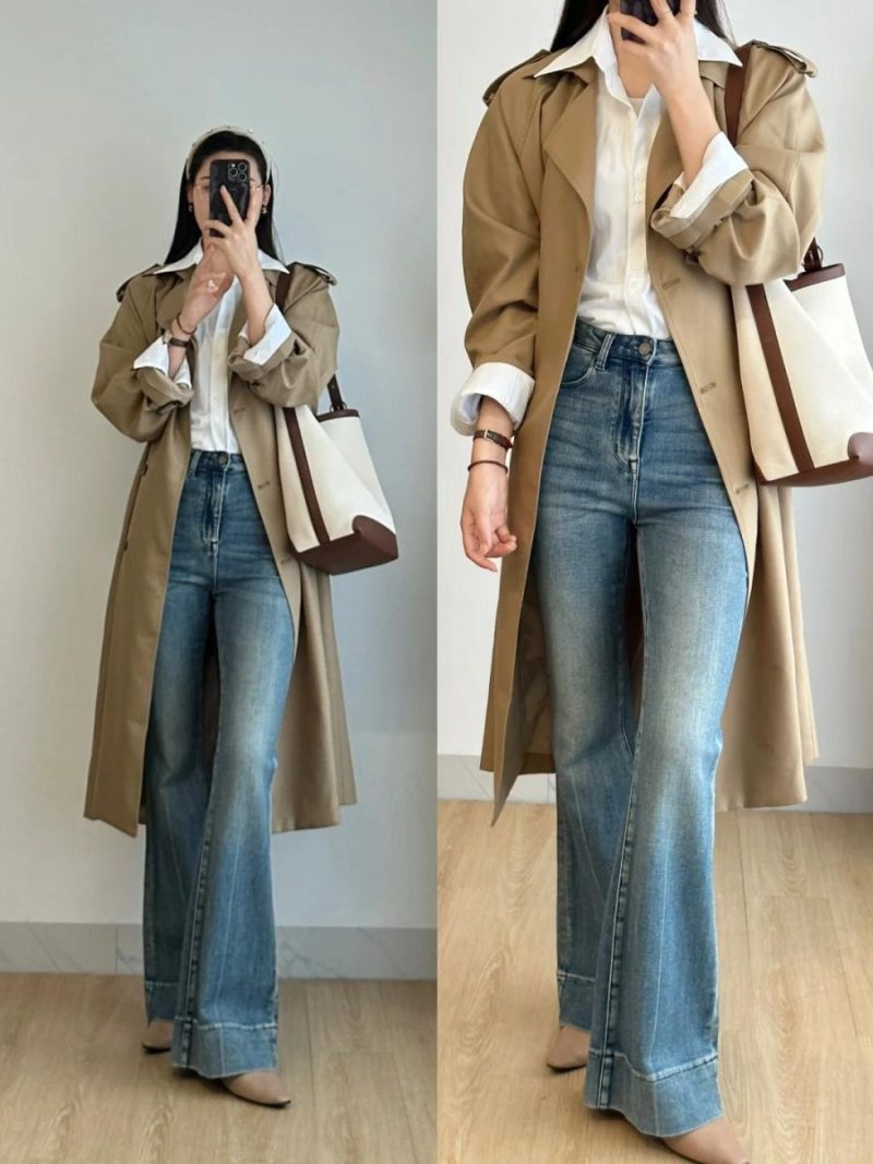 trenchcoat1-0813 Nếu kết hợp với quần, những chiếc quần cạp cao, đặc biệt là quần dáng suông lửng, sẽ giúp tôn dáng