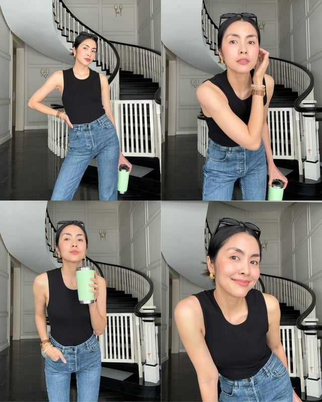ao-hai-day1-0819 Công thức áo tank top màu đen và quần jeans xanh giúp vẻ ngoài của người mặc trở nên thanh lịch hơn.