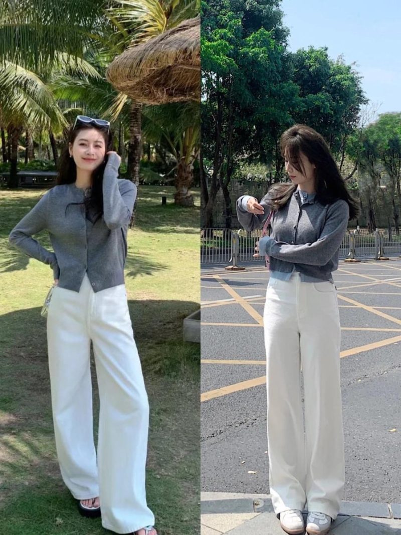 Hãy chọn áo len cổ tròn hoặc cổ V với tông màu trung tính như kem, xám nhạt