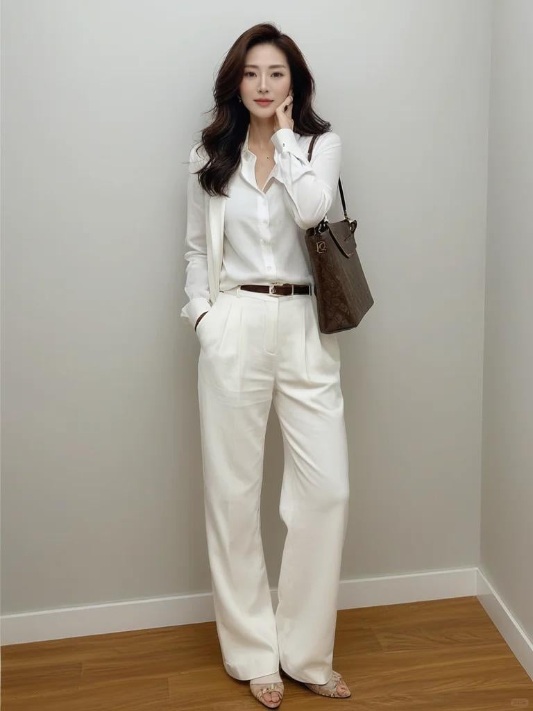 Sự kết hợp giữa áo sơ mi và quần trắng luôn là lựa chọn an toàn nhưng vẫn vô cùng tinh tế.