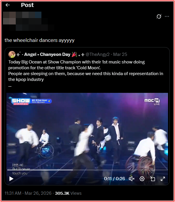 2m6e1ncnme1-igv9y4fawo2-zy3y7u9i6z3 Nhóm nhạc Kpop gây sốt khi đưa vũ công ngồi xe lăn lên sân khấu Ảnh 5