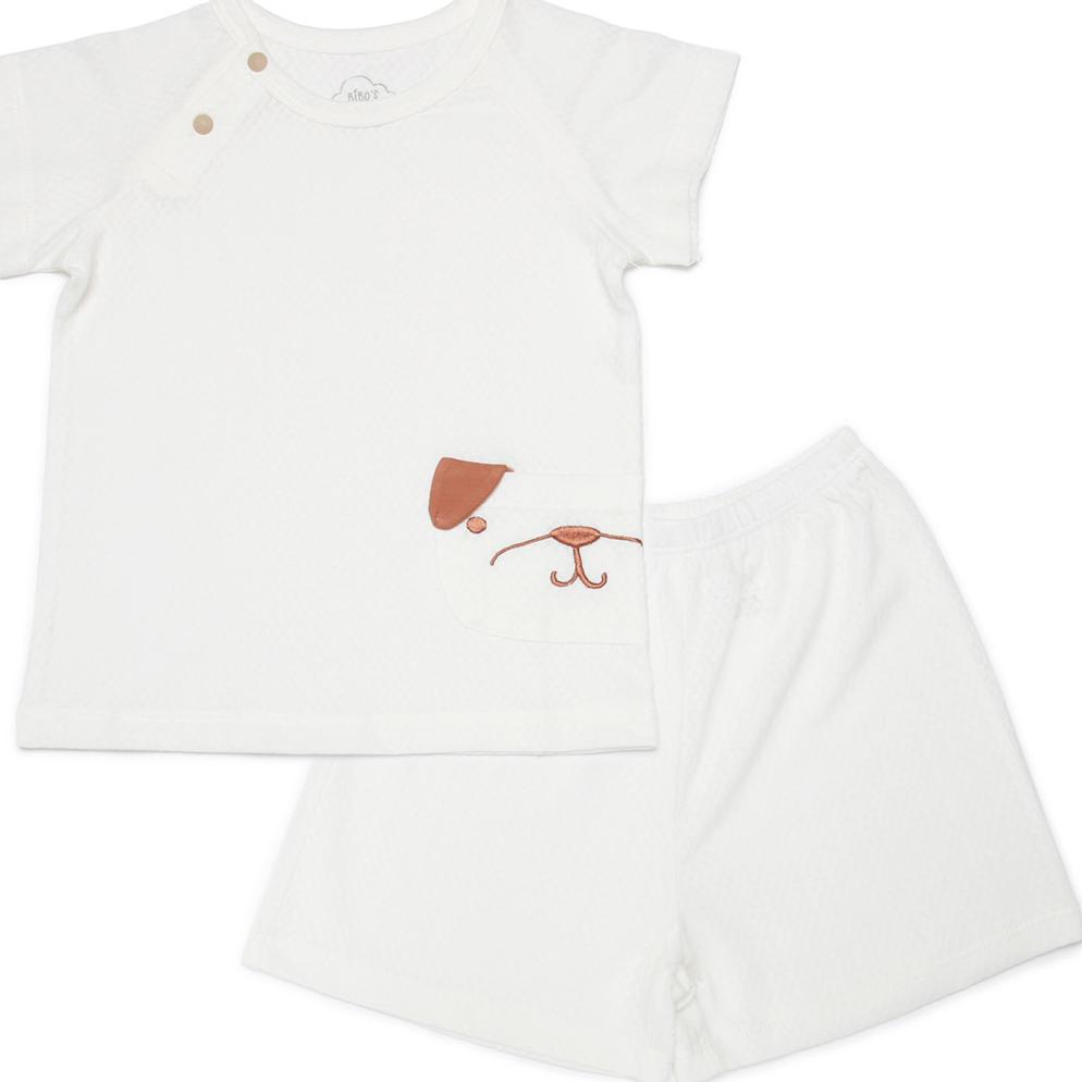 Bộ cài vai cộc tay bé trai Bibo’s trắng thêu cún