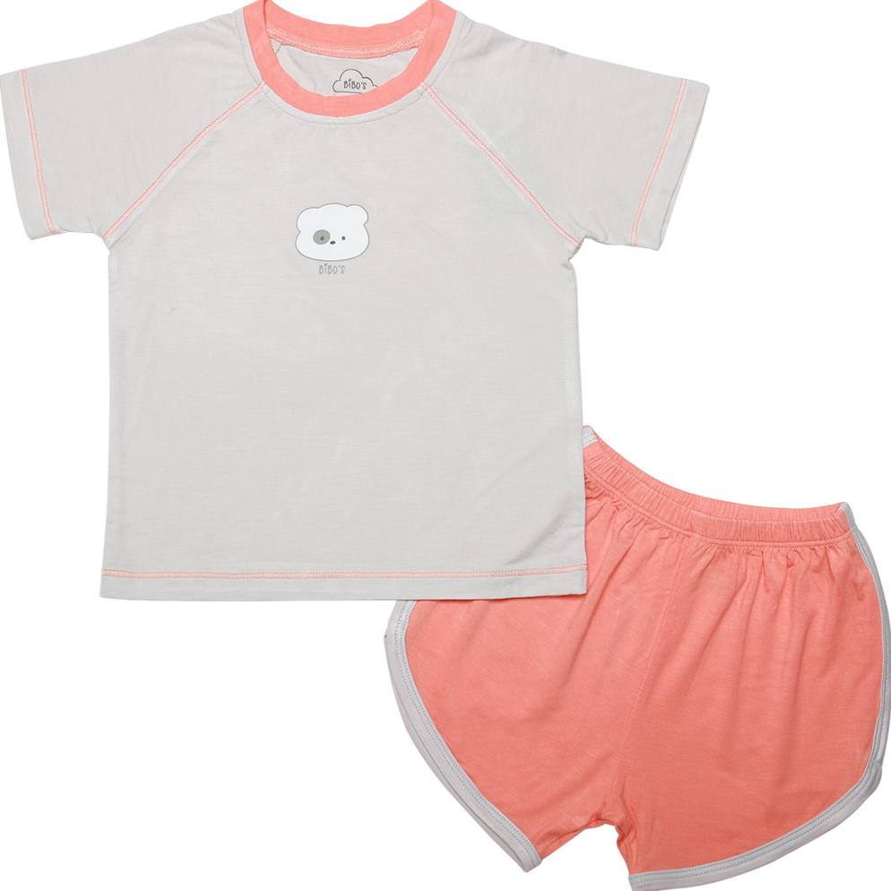 Bộ cộc bé trai Bibo's sợi tre ghi mix cam in gấu