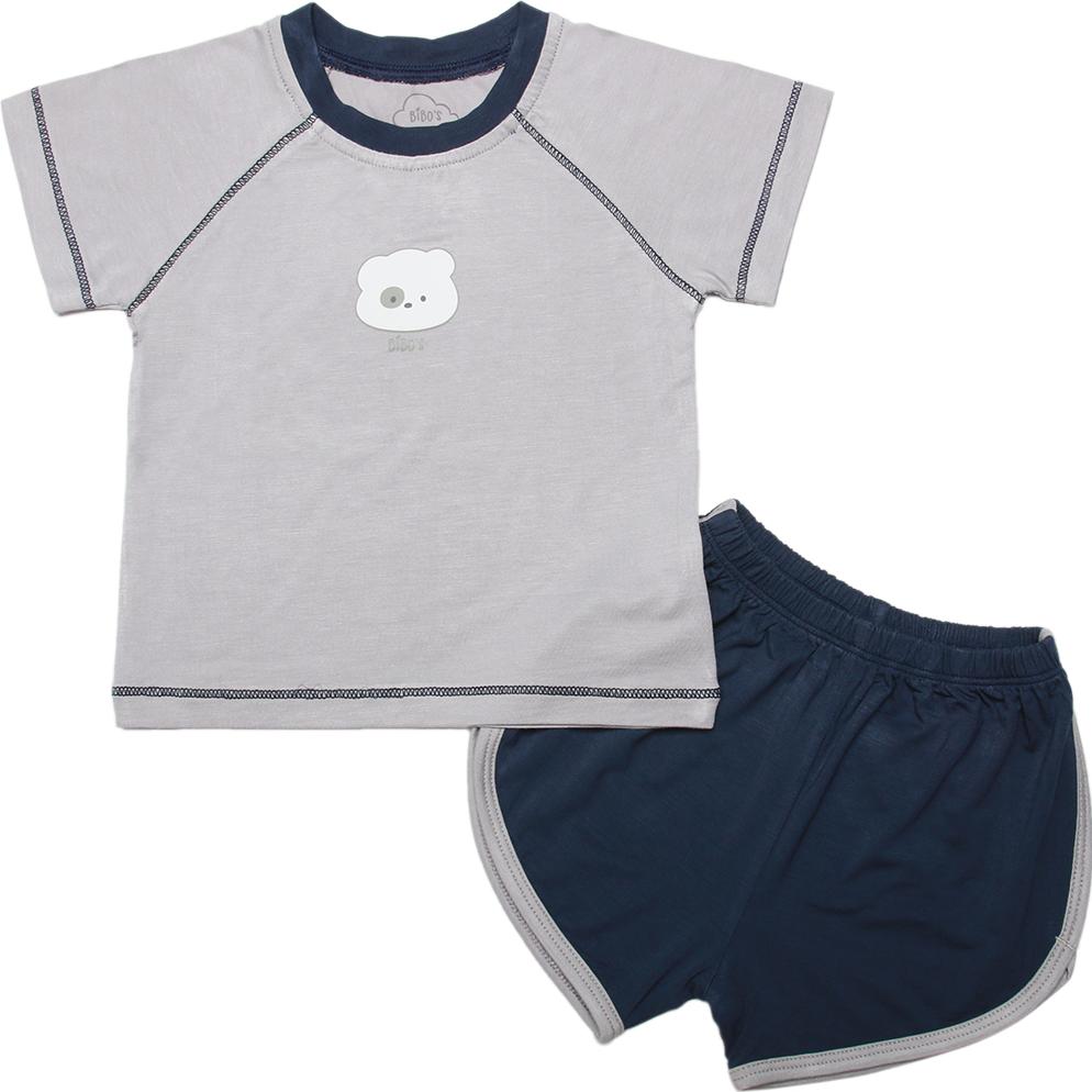 Bộ cộc bé trai Bibo's sợi tre ghi mix xanh đen in gấu