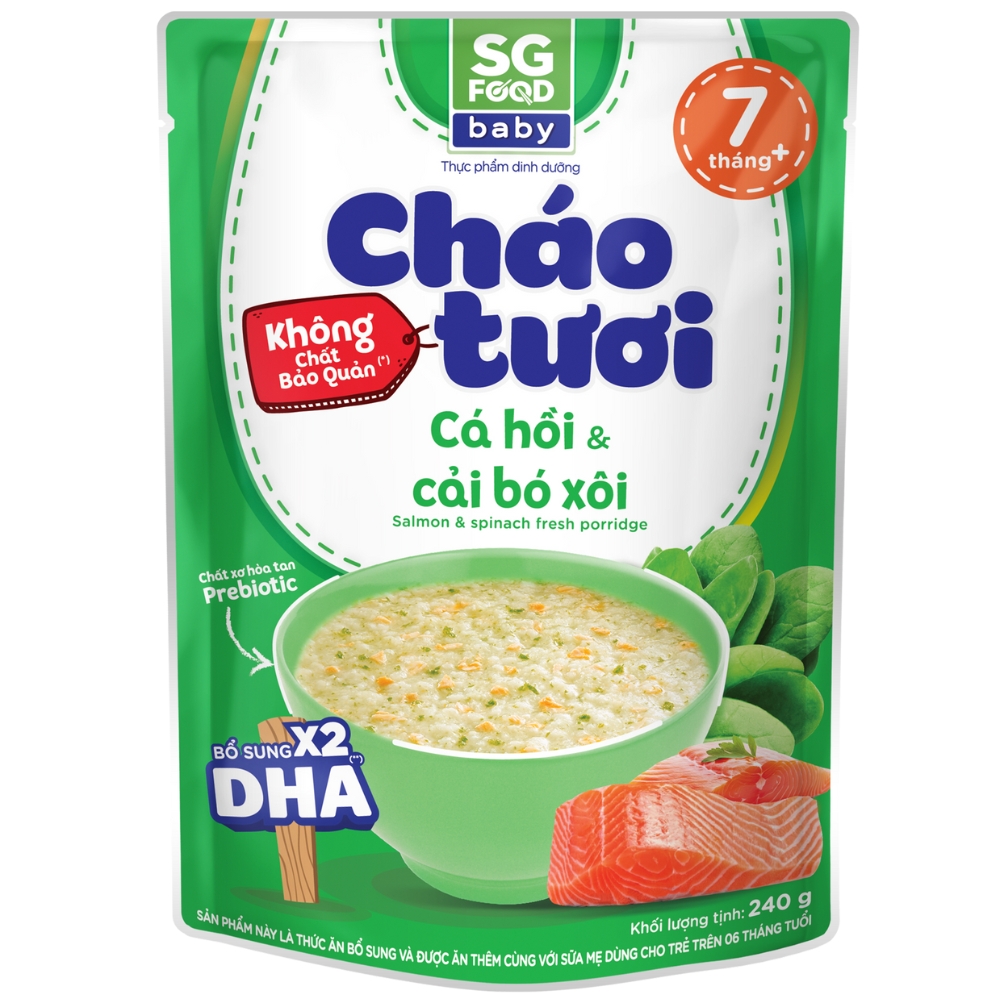 Cháo tươi Sài Gòn Food Baby vị cá hồi, cải bó xôi 240g (Giao bao bì ngẫu nhiên)