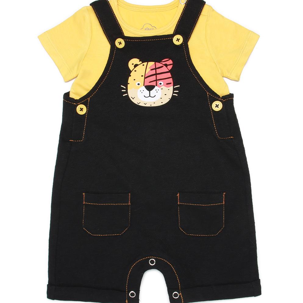 Set body yếm bé trai Bibo’s đen in báo mix áo vàng