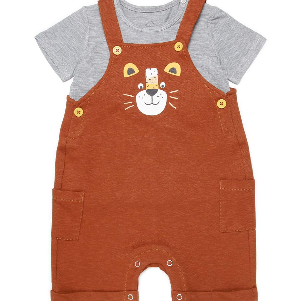 Set body yếm bé trai Bibo’s nâu in báo mix áo ghi