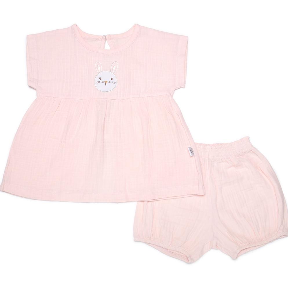 Bộ cài vai cộc tay bé gái Bibo’s xô hồng thêu thỏ