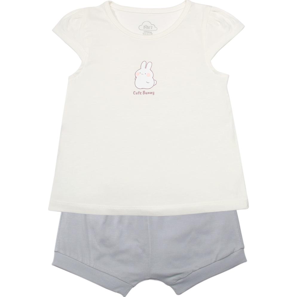 Bộ cộc tay bé gái Bibo's LV260 trắng mix ghi