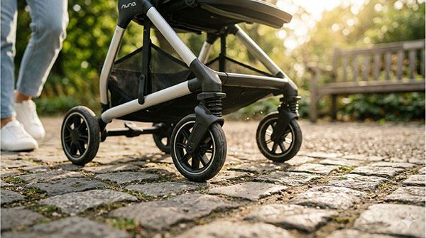 Bánh xe linh hoạt kết hợp cùng hệ thống giảm xóc giúp xe vận hành êm ái trên mọi địa hình