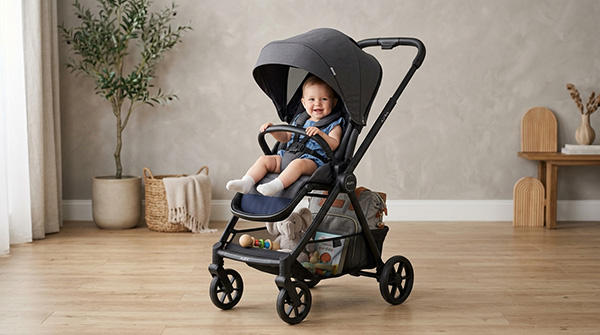 Xe đẩy có mái che rộng và giỏ đựng đồ tiện lợi cho mẹ.