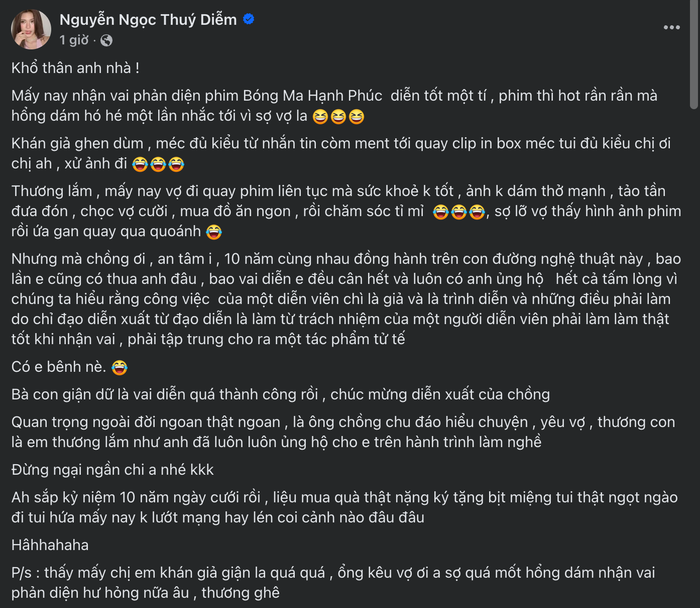 Chia sẻ của Thuý Diễm trên trang cá nhân về vai diễn của chồng nhanh chóng nhận được nhiều tương tác từ khán giả. - Ảnh: Chụp màn hình FBNV 